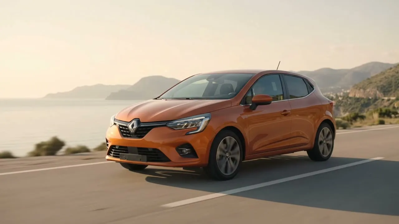Orange rental hatchback driving along the Montenegrin coast